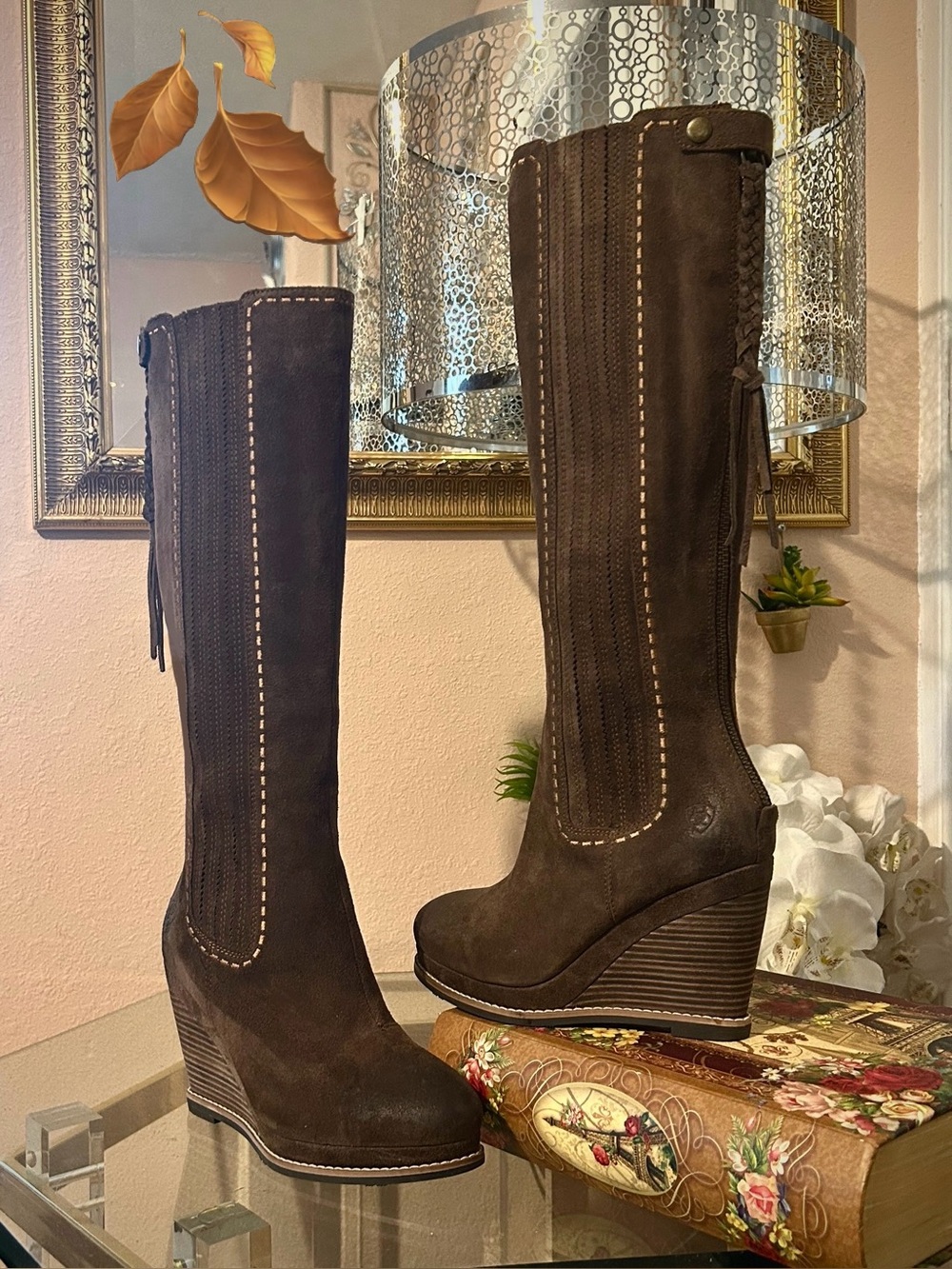 Ariat Brown Suede Leather Wedge Knee-High Boots with Braided Tassel Zipper Sz 7 - Picture 11 of 16